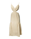 VESTIDO MIDI RECORTES BEGE