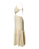 VESTIDO MIDI RECORTES BEGE