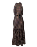 VESTIDO LONGO POÁ PRETO E CAMEL
